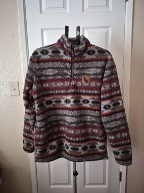 Cozy Grey & Burgundy Patterned Sherpa Quarter-Zip Pullover